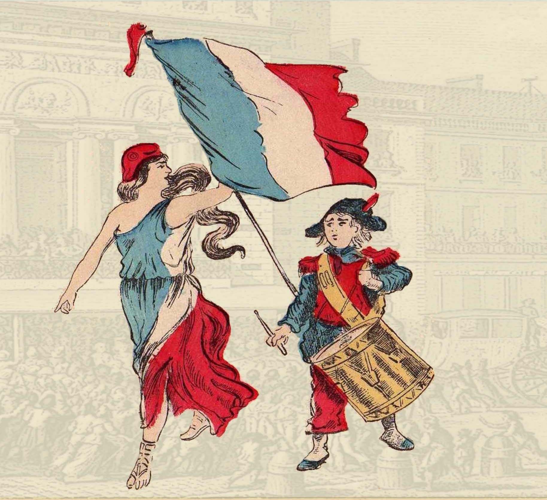 Picture of french revolutionaries drumming and carrying the french flag
