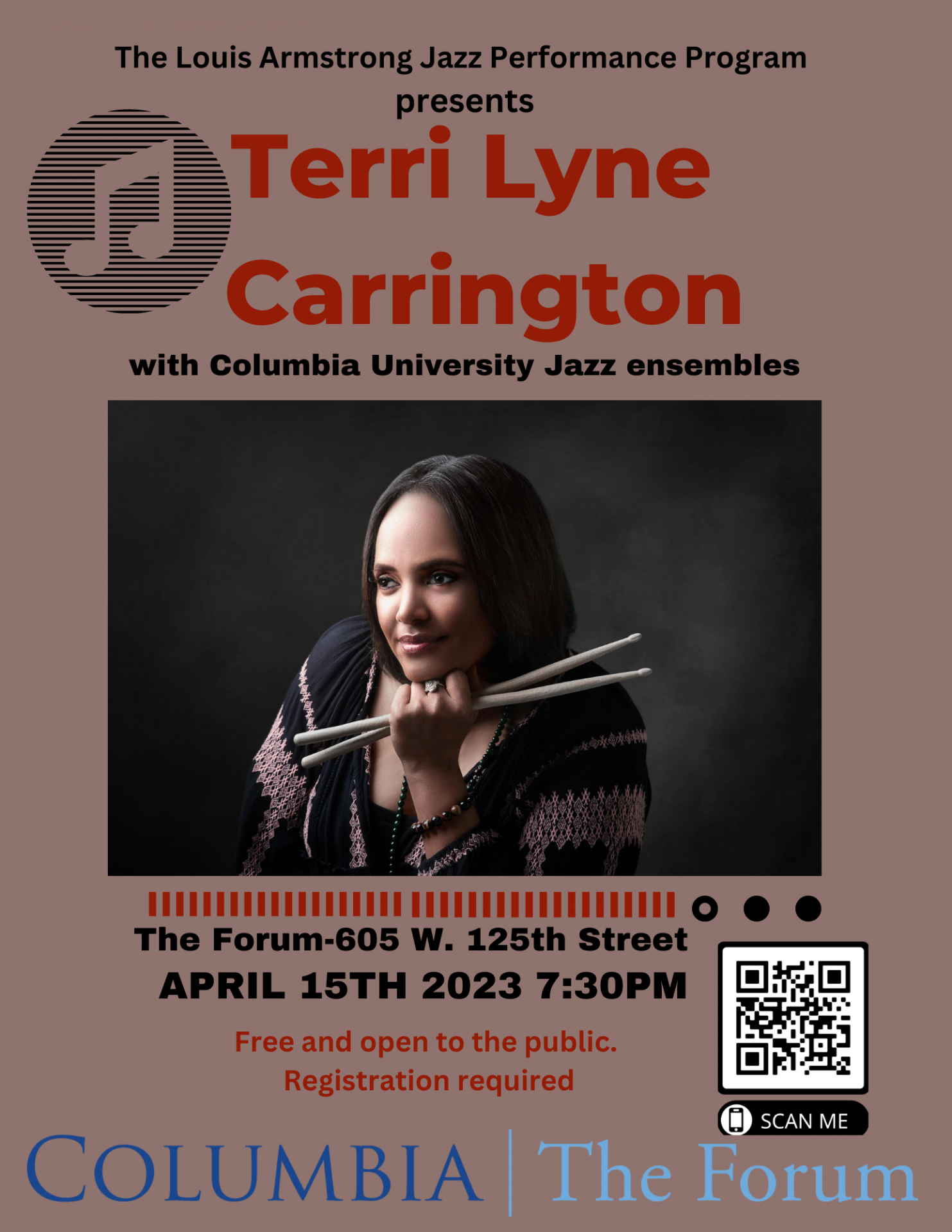Picture of Terri Lyne Carrington with Columbia University Jazz Ensembles poster