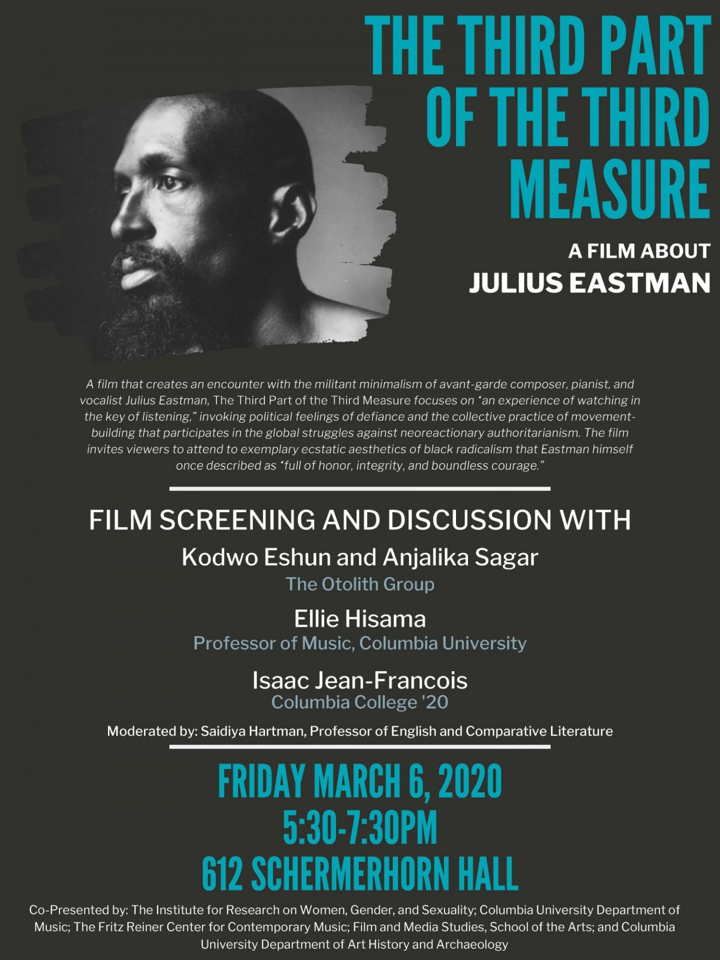 Poster for Film Screening and Discussion of The Third Part of the Third Measure, a film about Julius Eastman