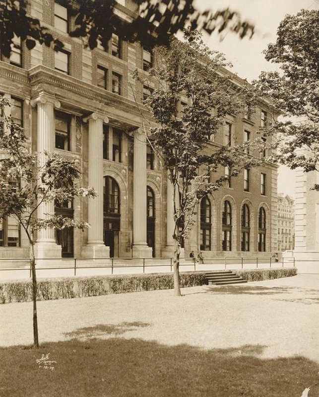 An old sepia photo of Dodge Hall. The trees outside are much shorter than they are today.