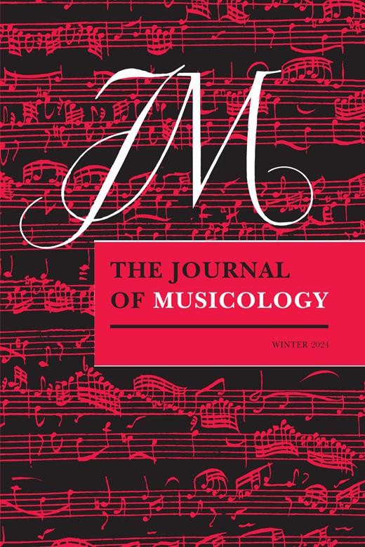 Journal of Musicology cover for Winter 2024. Red sheet music against a black background, with white text naming the volume in front.