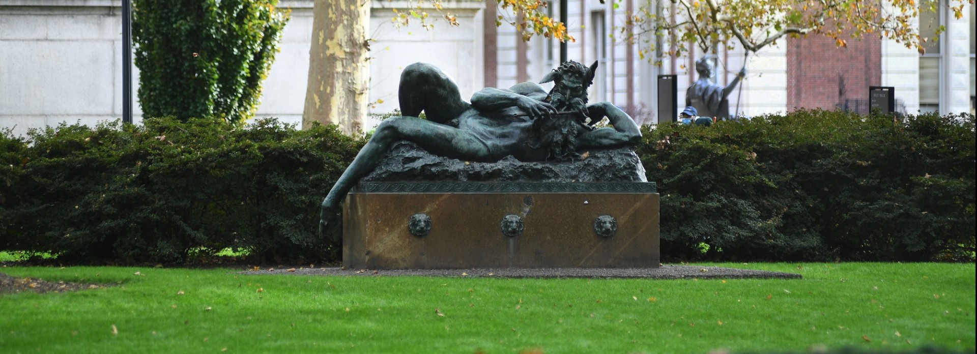 Statue or Pan in front of Dodge Hall