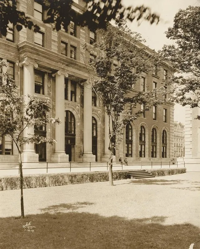 An old sepia photo of Dodge Hall. All the trees are smaller.
