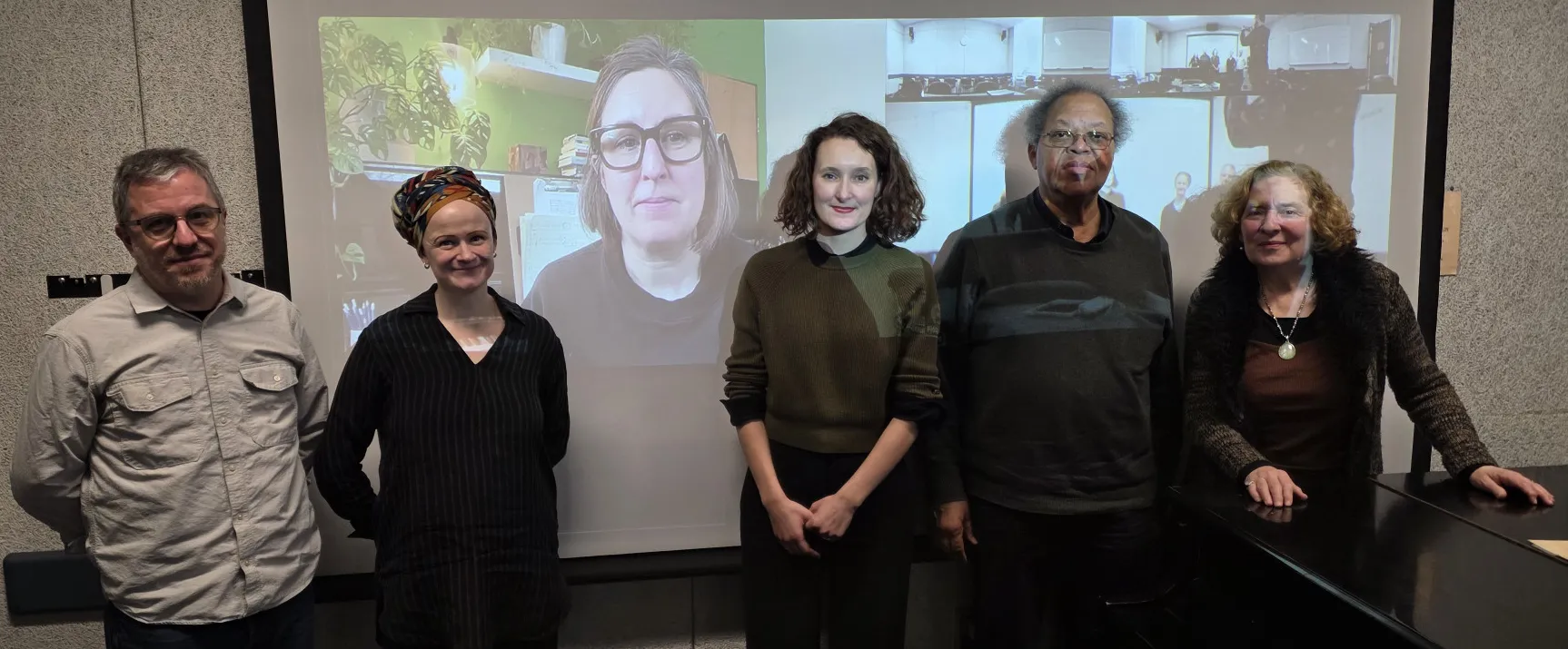 Fjóla Evans with her dissertation committee. Emilie LeBel is appearing on the screen through Zoom.