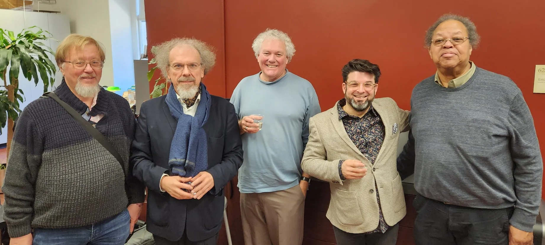 Georg Haas, Jean-Baptiste Barrière, Brad Garton, Louis Goldford, and George Lewis in the Music Department office.