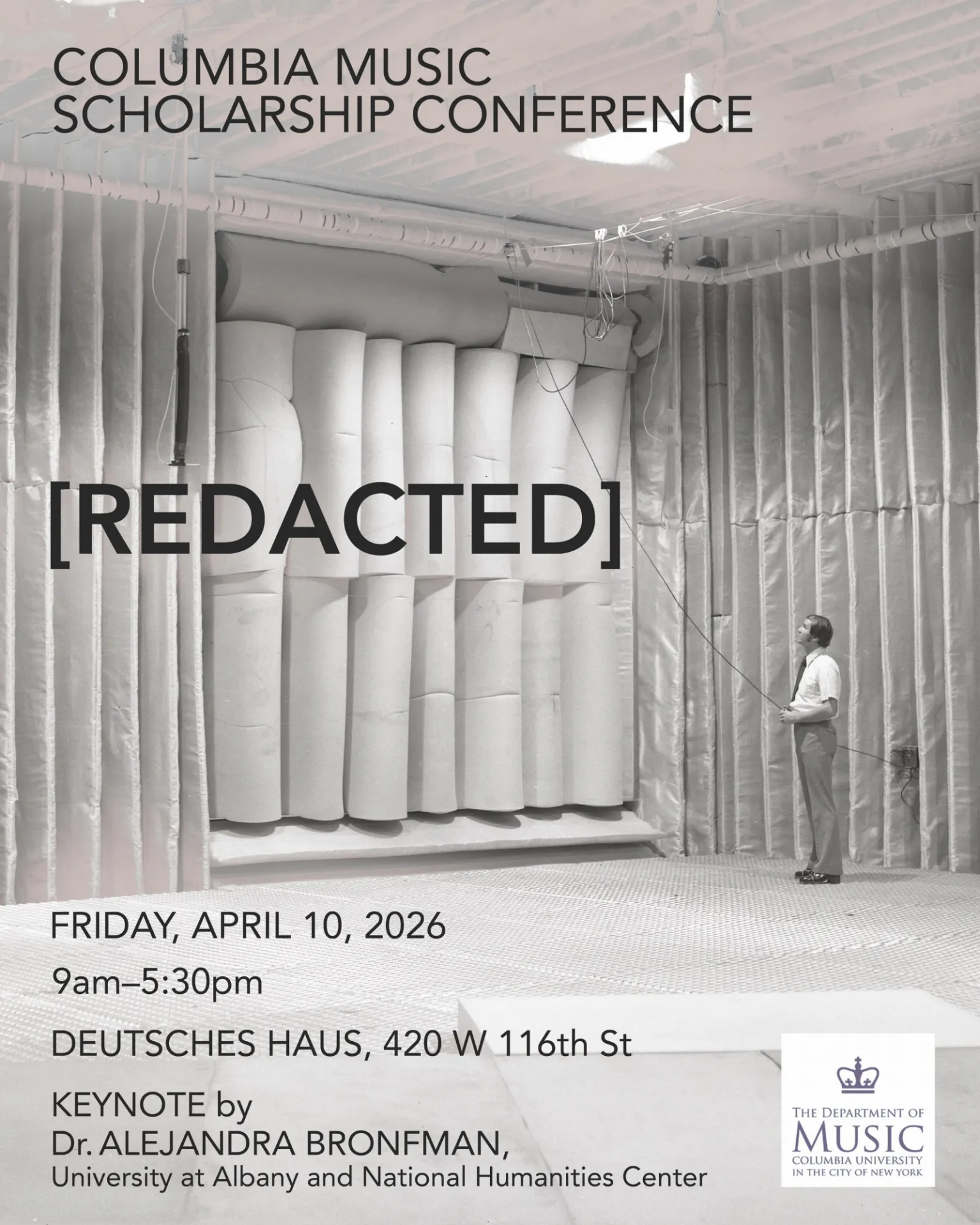 The information for the conference is superimposed over a black and white photo of a man in a very tall room that is covered in white fabric. He's holding a cord attached to some sort of pulley system.