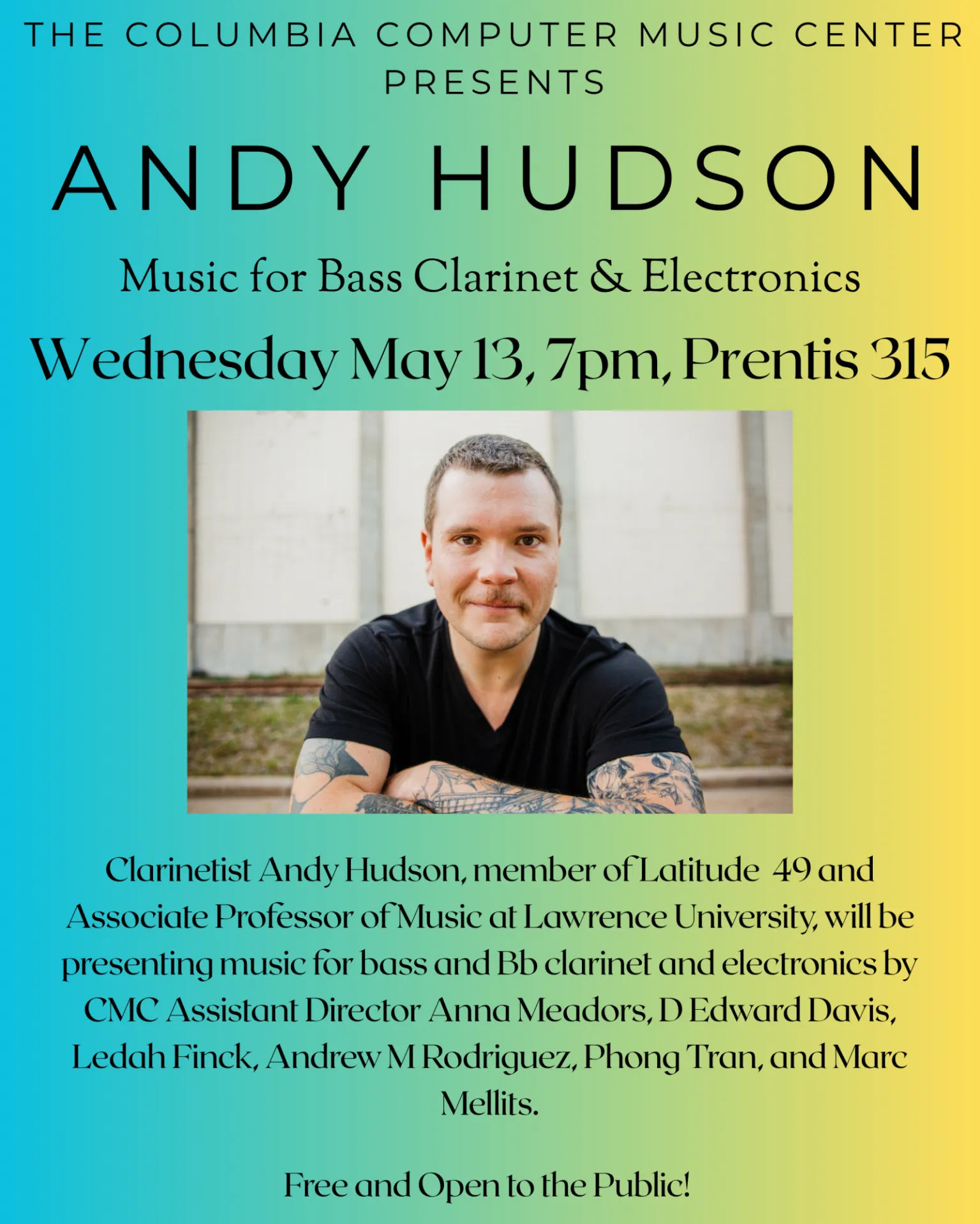 Blue to yellow ombre behind a photo of Andy Hudson, who is wearing a black t-shirt and is squatting in front of a wall. The information for the concert is displayed on the poster.