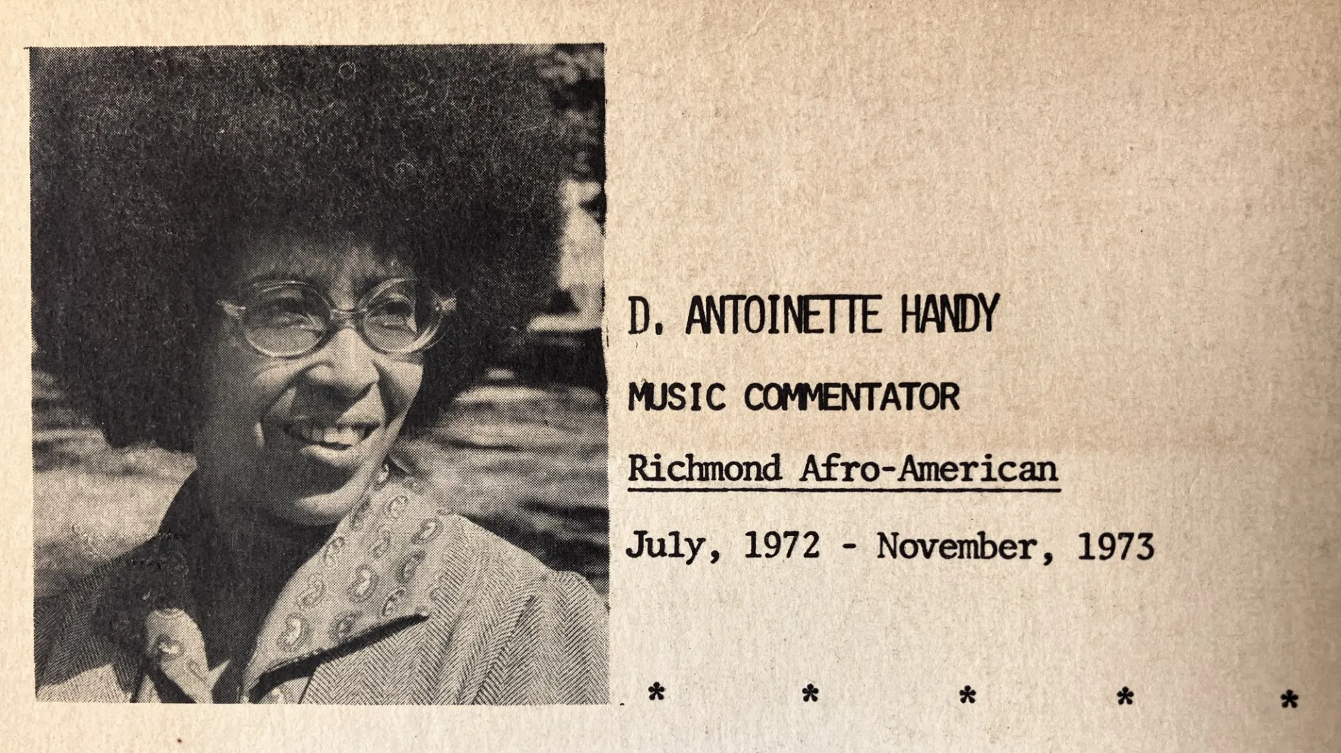 Black and white photo of Antoinette Handy