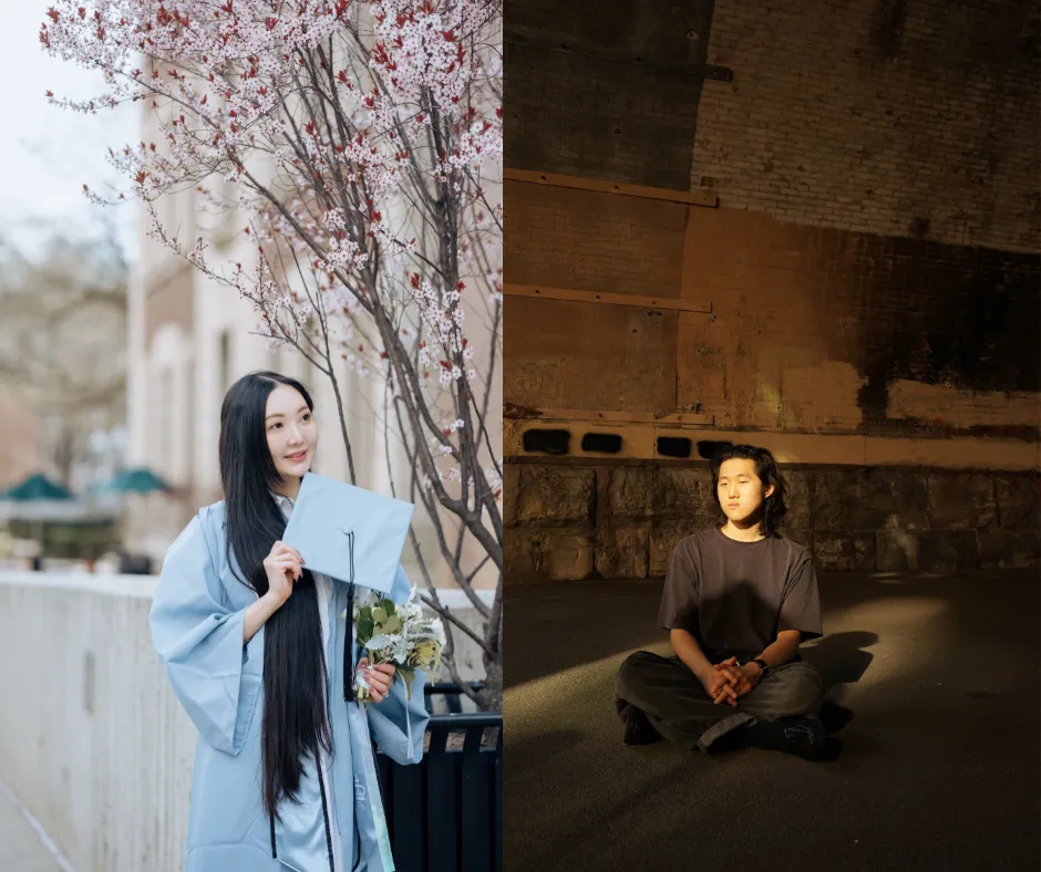 Isabella Bi and Won Jong. Isabella is in her light blue graduation robes in front of cherry blossoms, and Won Jong sits in a abandoned stony room.