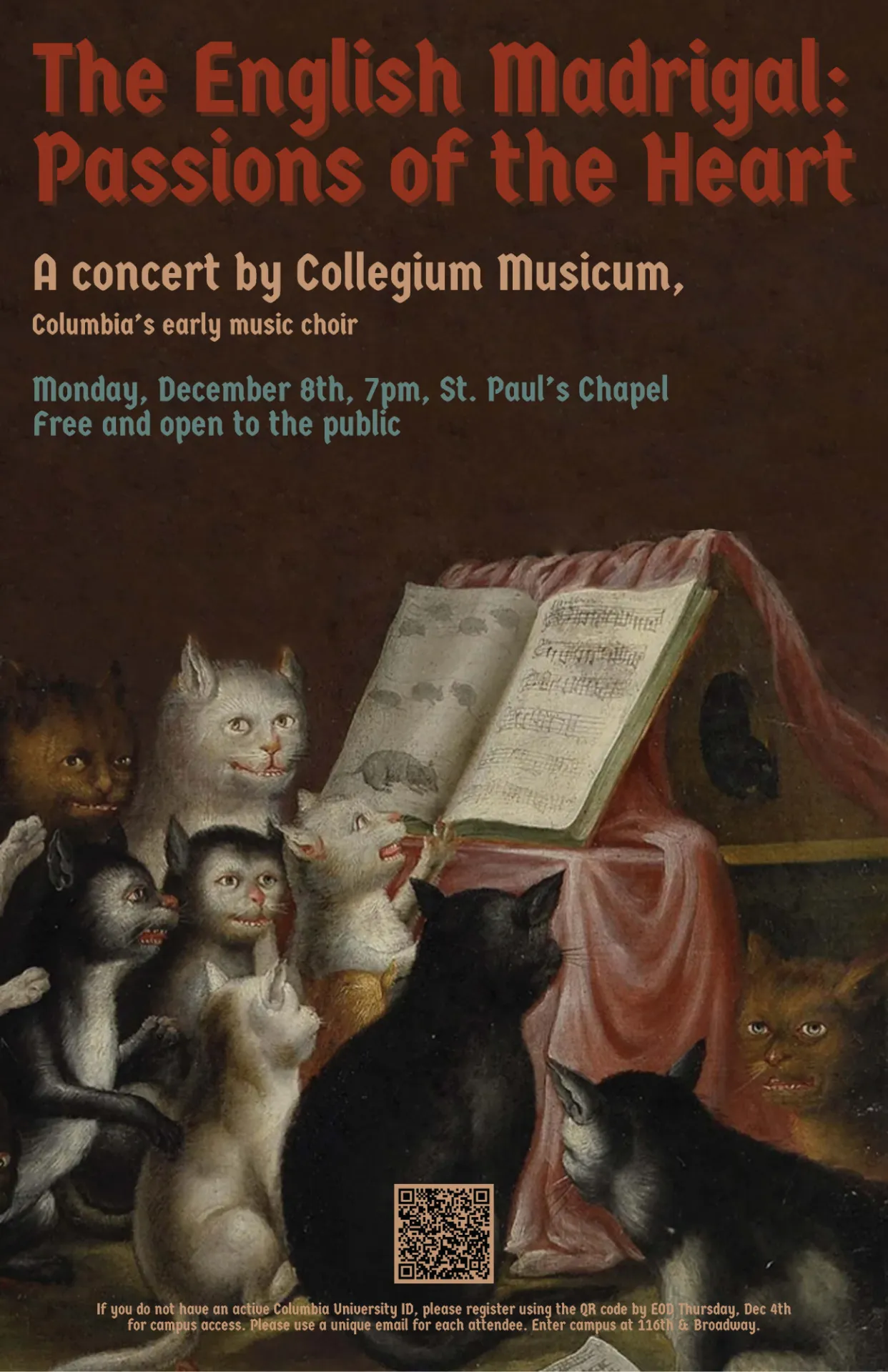 Poster for the fall Collegium Musicum concert. It features medieval cats looking at a piece of sheet music.