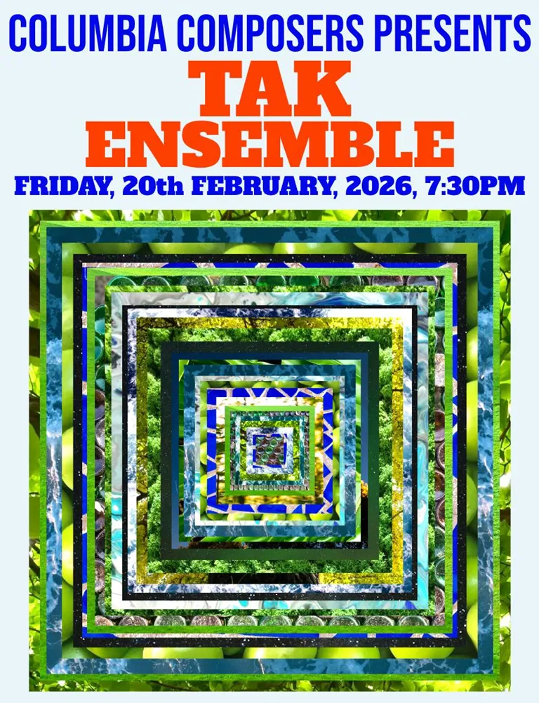 Concert poster. Features the concert information and a large collection of inscribed green squares on a light blue background.