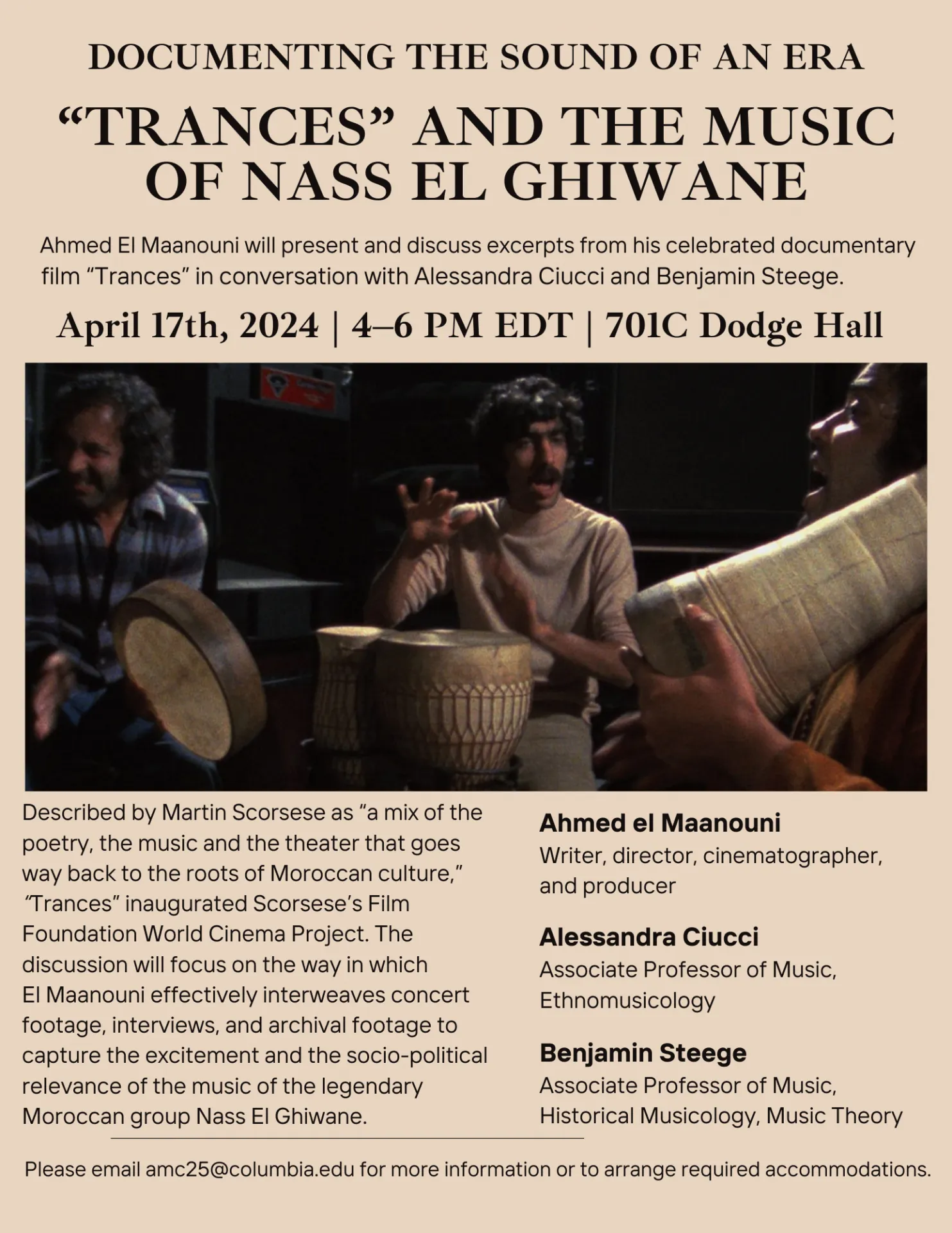Poster for El Maanouni event in Center for Ethnomusicology.