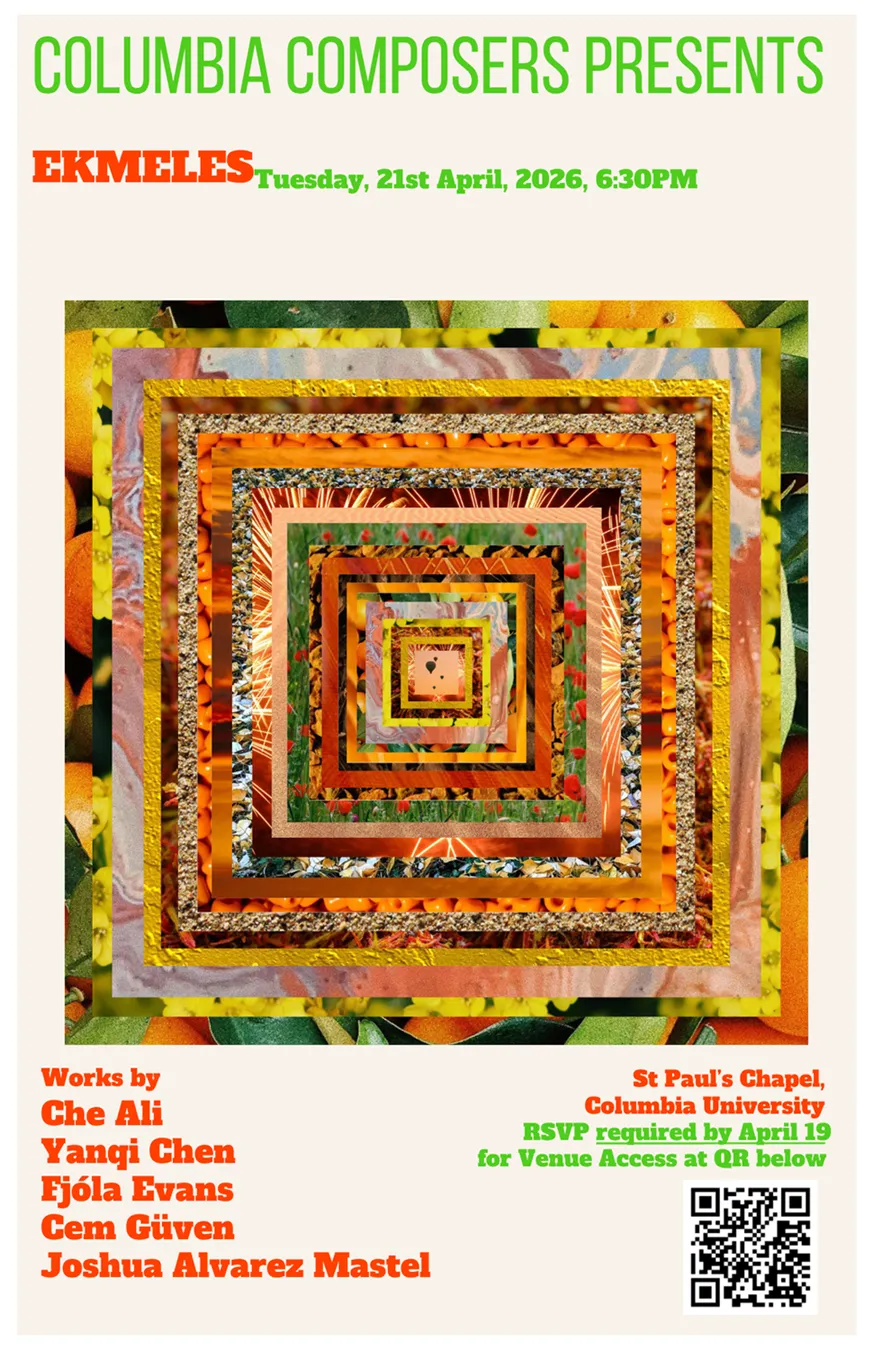 Columbia Composers concert. It has the information of the concert on it, as well as many nested squares of images of fruit.