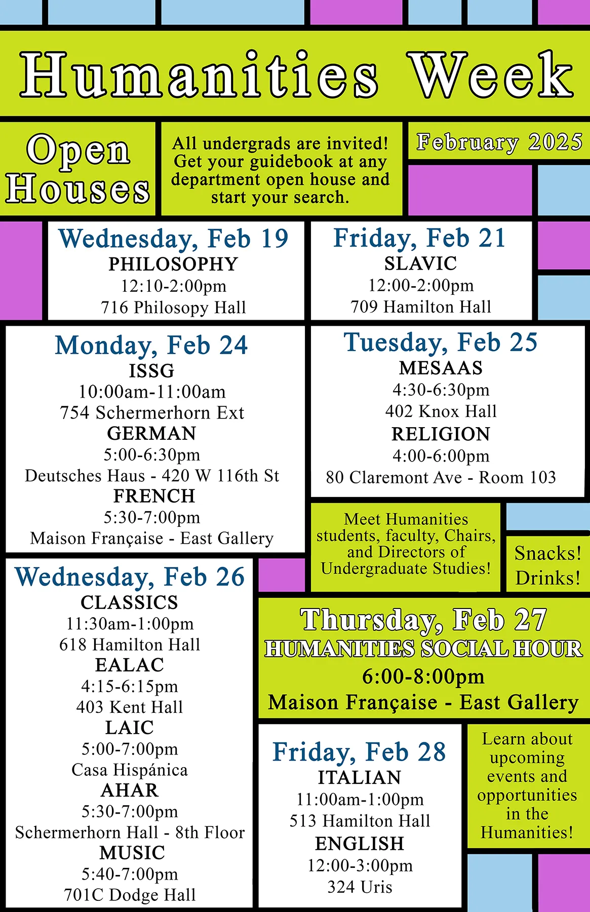 Humanities Week flyer. It's full of boxes of information about each of the events happening for undergrads interested in the humanities.