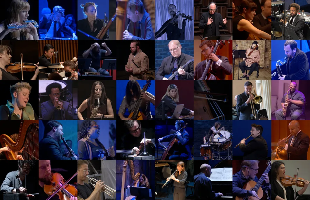 Many small squares of faces of ICE performers with their instruments