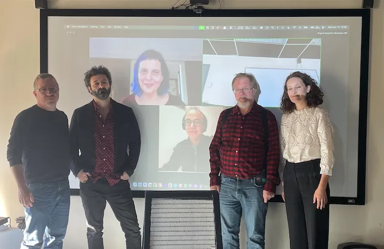 Uri Kochavi with his committee. Two members, Chaya Czernowin and Ilan Volkov, are on Zoom.