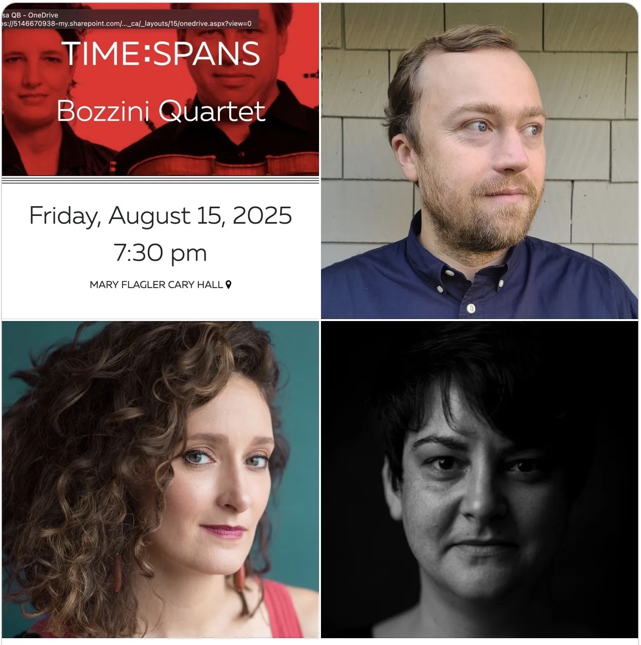 Photos of the Bazzini Quartet, Taylor Brook, Zosha Di Castri and Cassandra Miller
