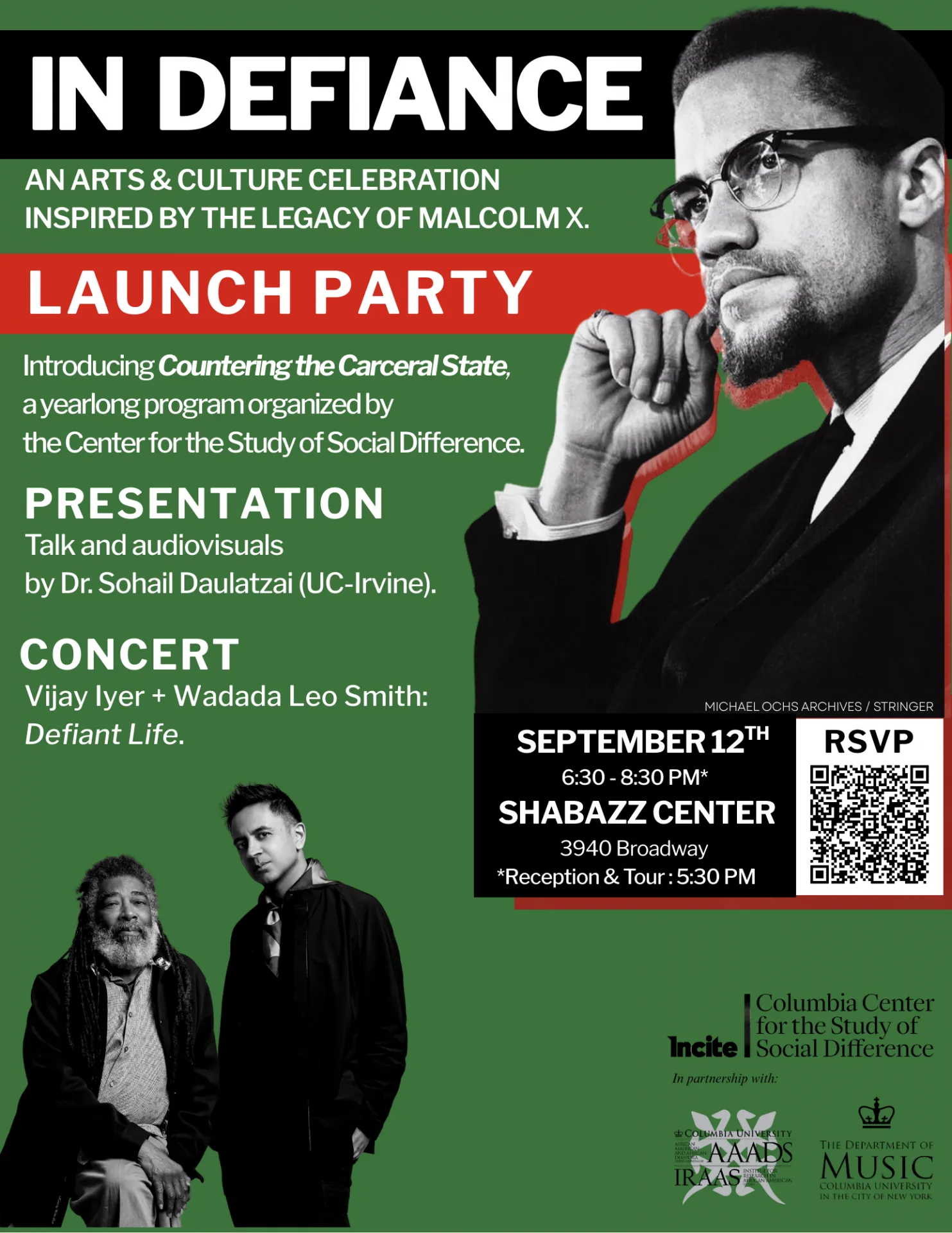 Flyer for In Defiance. Features photos of Malcolm X, Vijay Iyer, and Wadada Leo Smith on a green background.