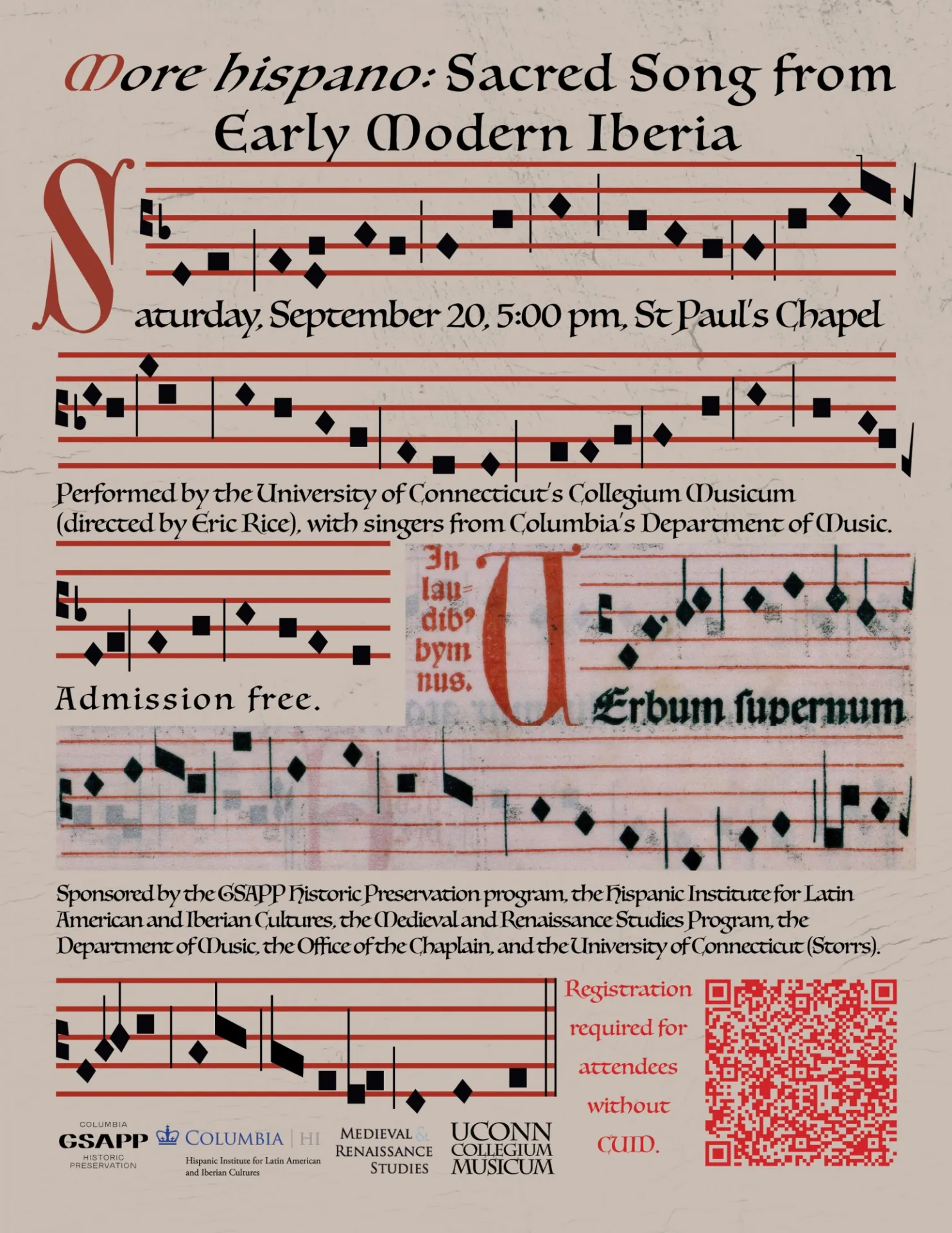 The poster for More hispano. It has neume notation with concert information below the staves.