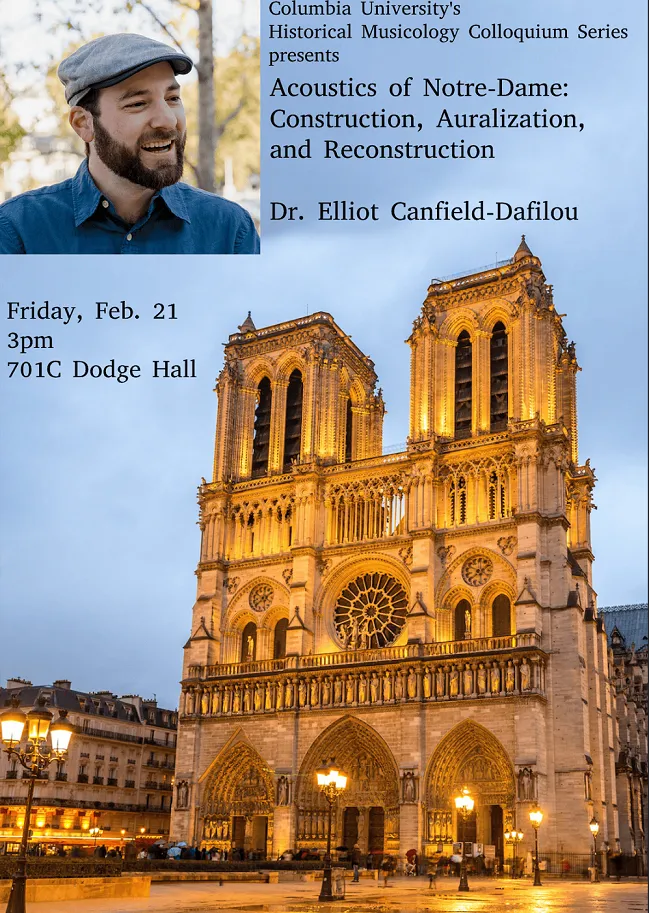 Event poster, features a shot of Notre Dame Cathedral against a blue-gray sky and orange lighting on its stonework.