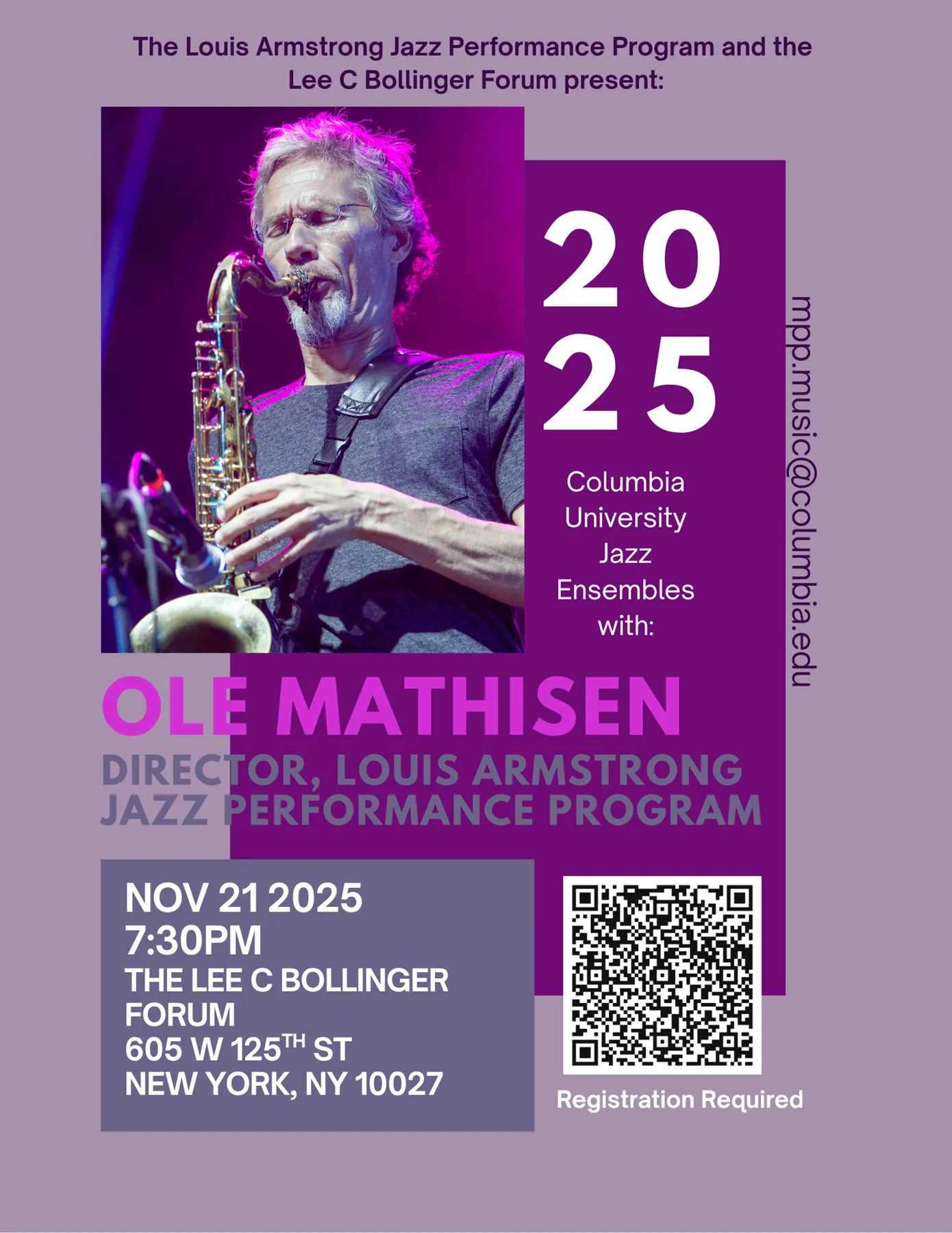 Ole Mathisen plays the saxophone against a purple background with white informative text all around.
