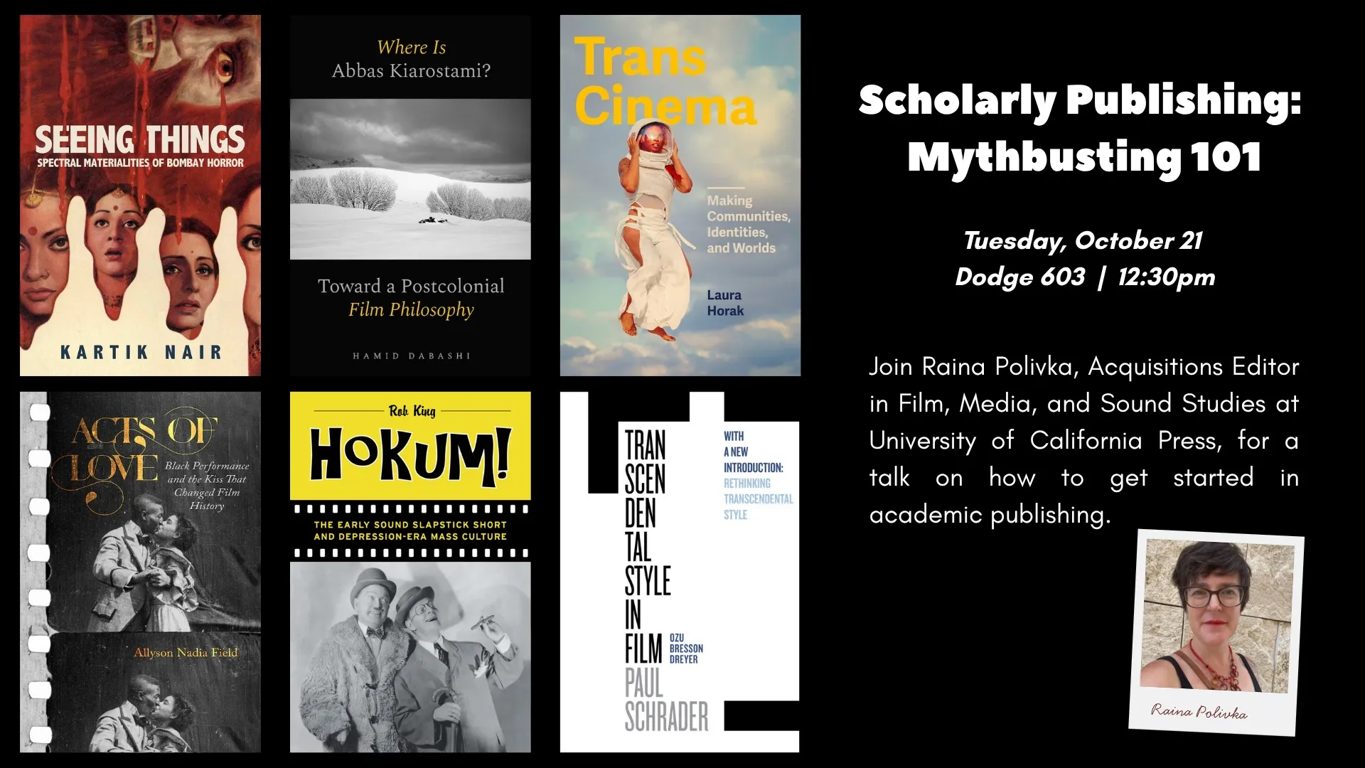 The poster features 6 academic publications on film and media next to information about the event.