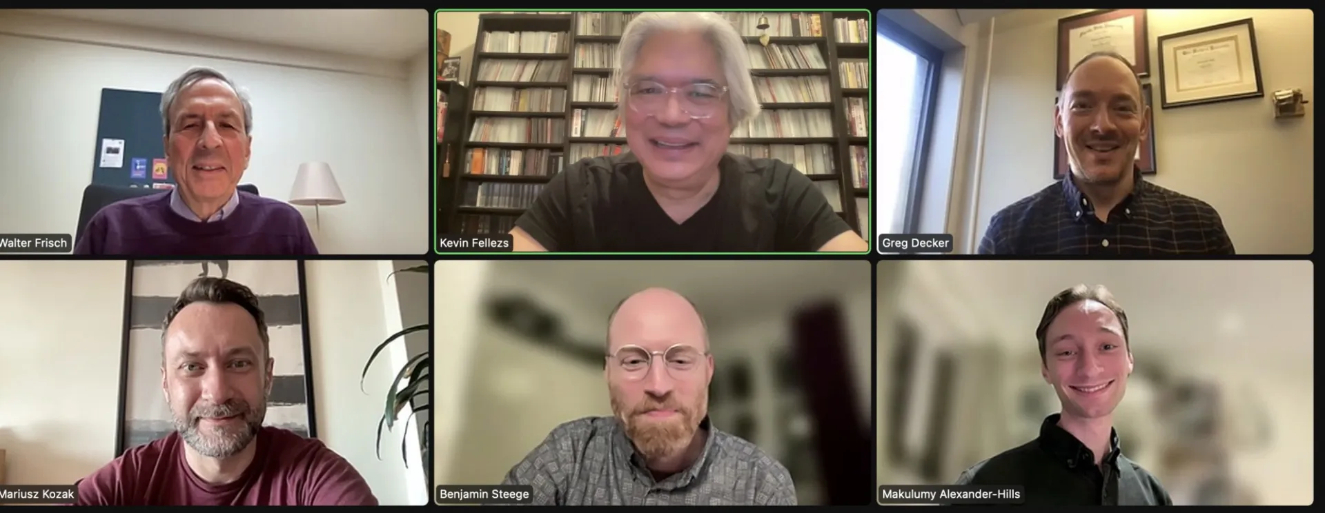 Walter Frisch, Kevin Fellezs, Gregory Decker, Mariusz Kozak, Benjamin Steege, and Makulumy Alexander-Hills all on Zoom.