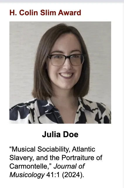 A screenshot of Julia Doe's face and the H. Colin Slim Award information.