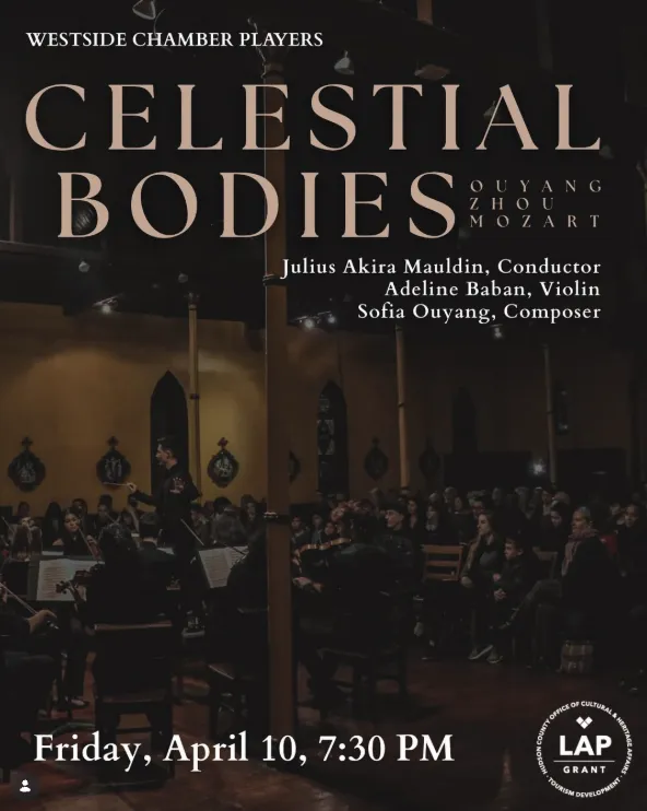 Celestial Bodies poster with the information about the concert. It is a dark scene with the WCP sitting in concert with their instruments.