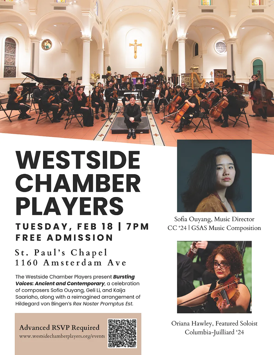 Poster for concert, featuring photos of orchestra, Sofia Ouyang, and Oriana Hawley.