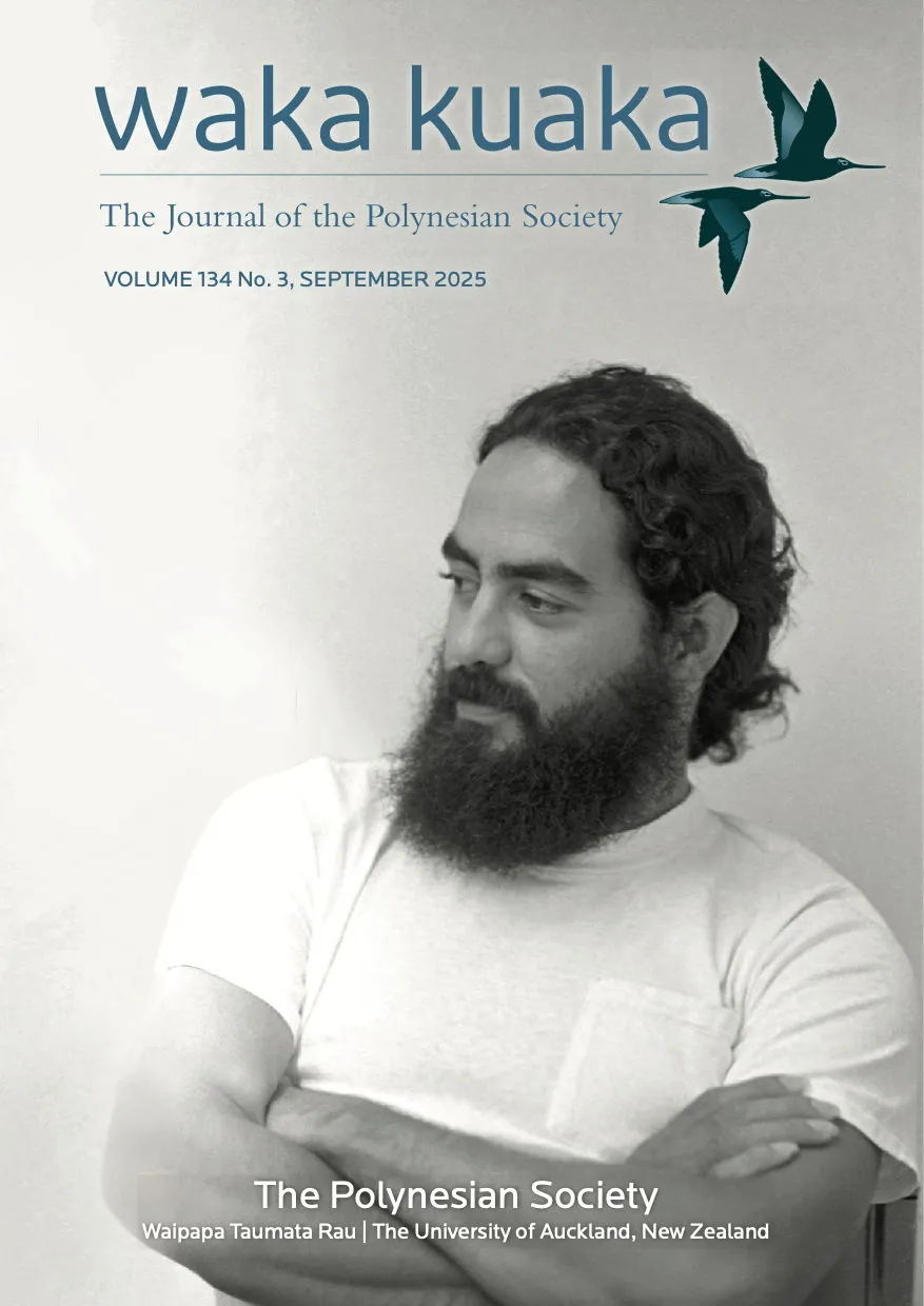 The cover of the September 2025 issue of Waka Kuaka. Kevin Fellezs's article got the cover. In a black and white photo, George Helm, in a white t-shirt, gazes to the left. He has a big beard and his arms crossed.