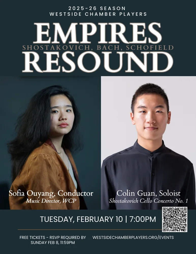 Sofia Ouyang and Colin Guan look at the camera, surrounded by a blue background with information about the concert superimposed over it.