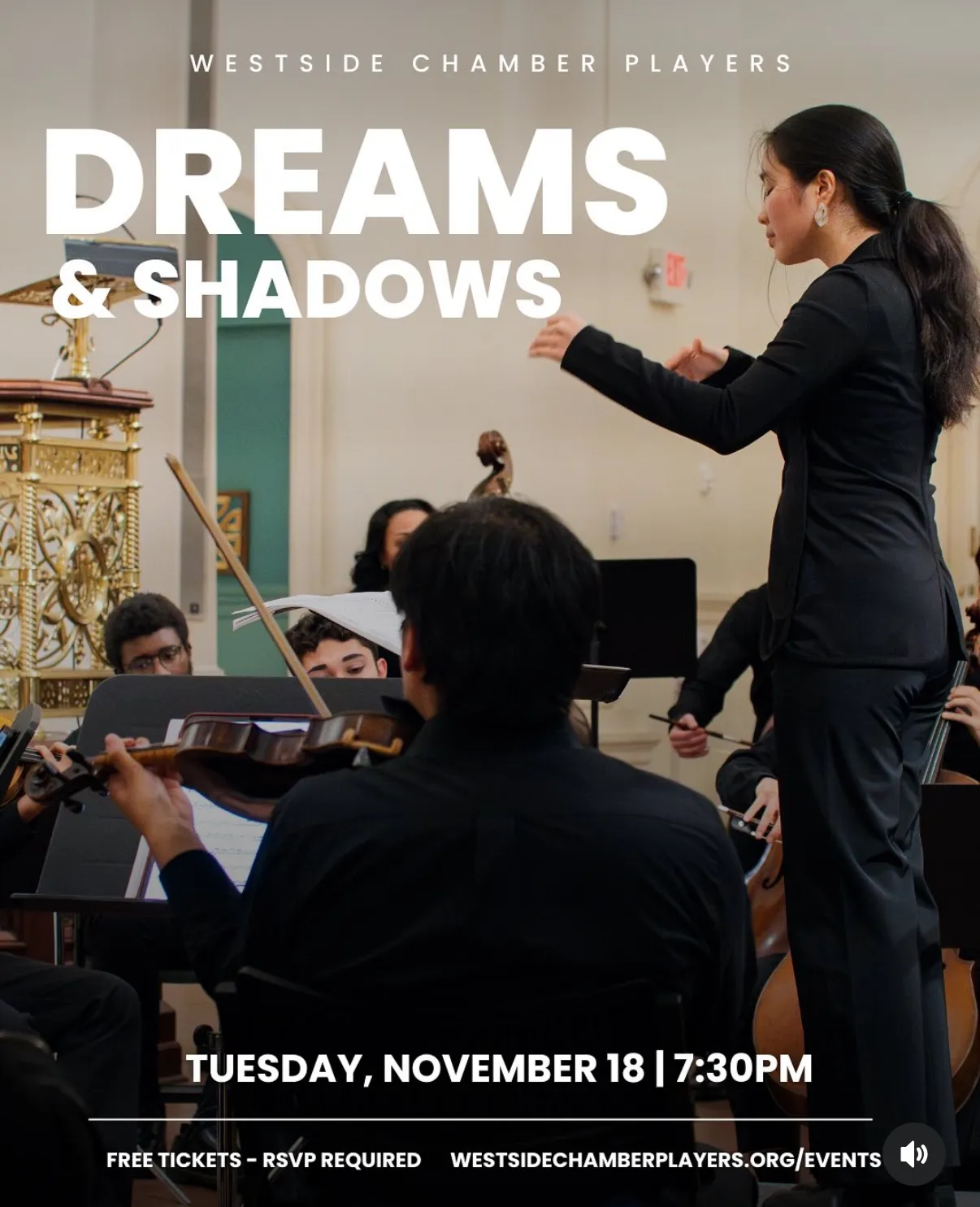 Poster for the Westside Chamber Players' season opener. Sophia Ouyang conducts the orchestra behind white text advertising the concert.