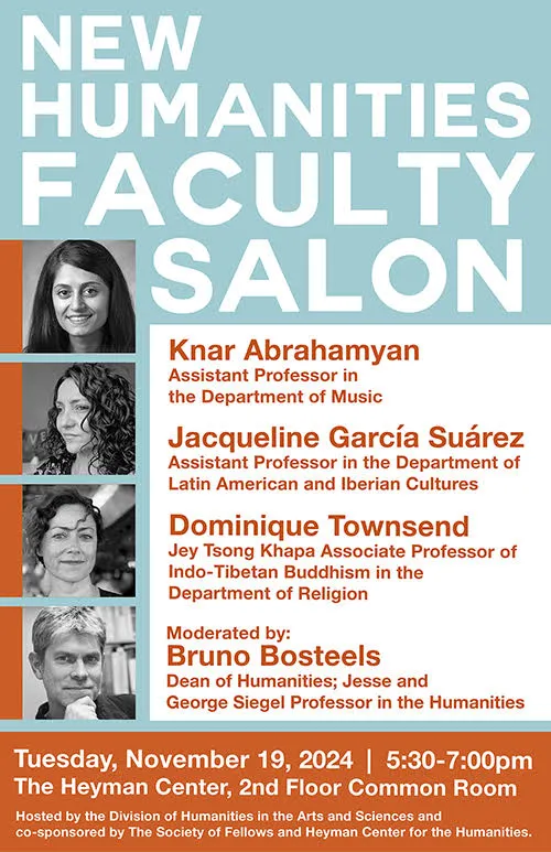 Poster for event. Features Knar Abrahamyan, Jacqueline García Suárez, and Dominique Townsend. Moderated by Bruno Bosteels.