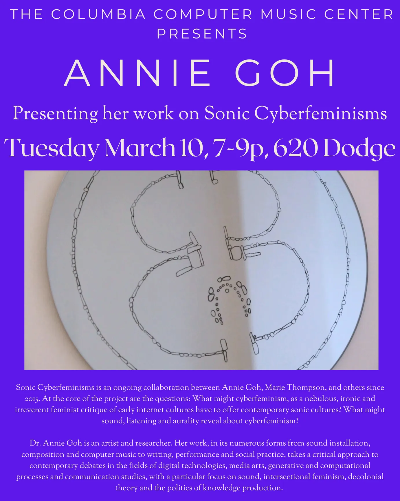 Dark blue background, text of the event. There's an inlaid photo in the center, it's a hand drawn diagram that looks a little bit like a cell.