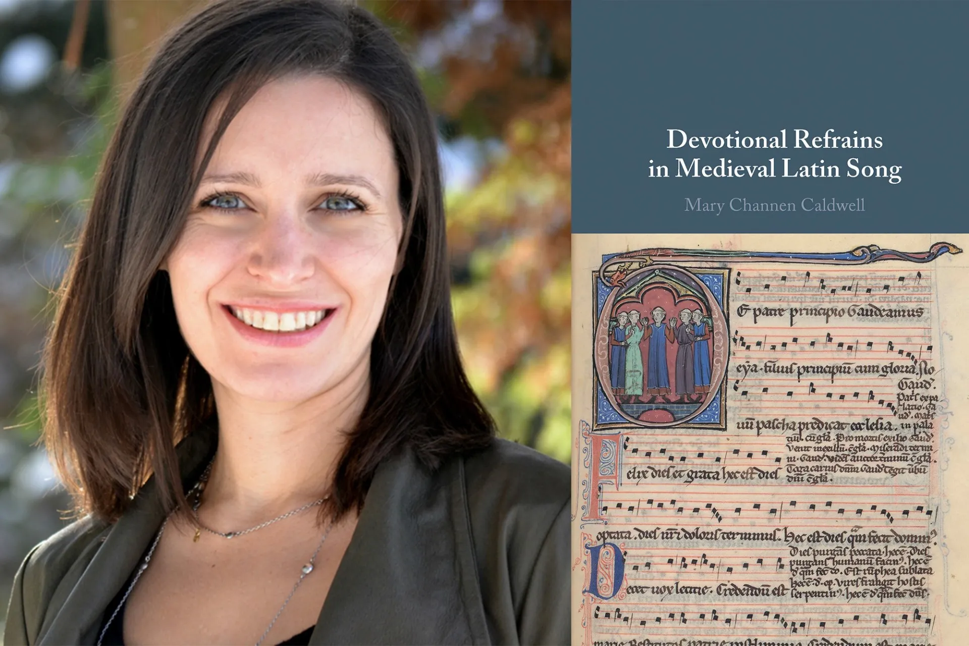 Caldwell smiling in front of greenery. Next to her is an image of a Medieval manuscript.