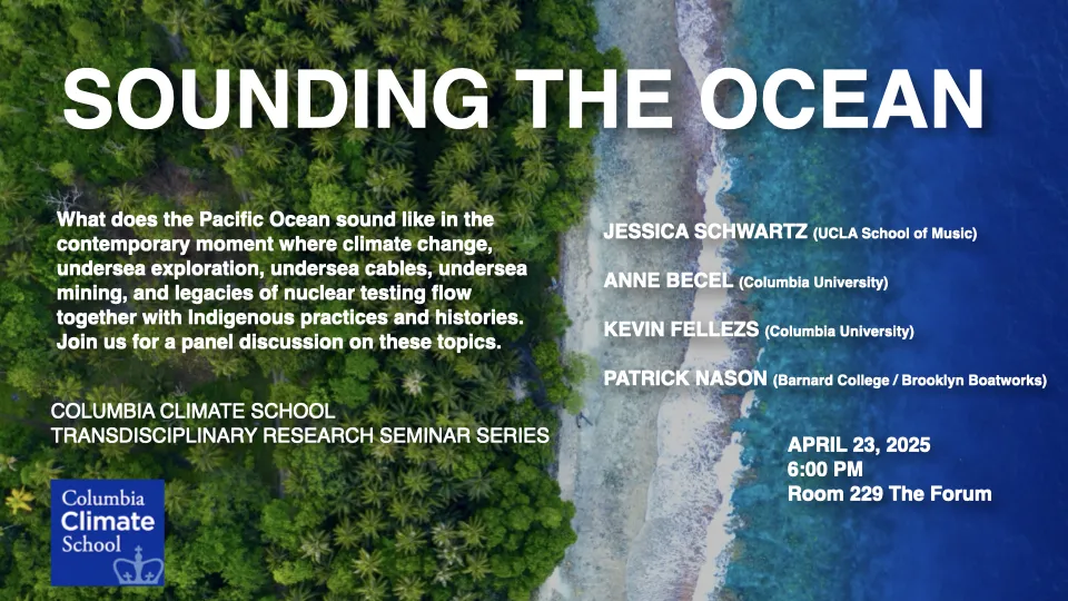 Sounding The Ocean flyer. White text overlaid on an aerial photo of the forest, beach, and ocean.