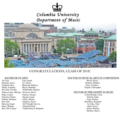 Picture of the 2018 Department of Music Graduating Class list