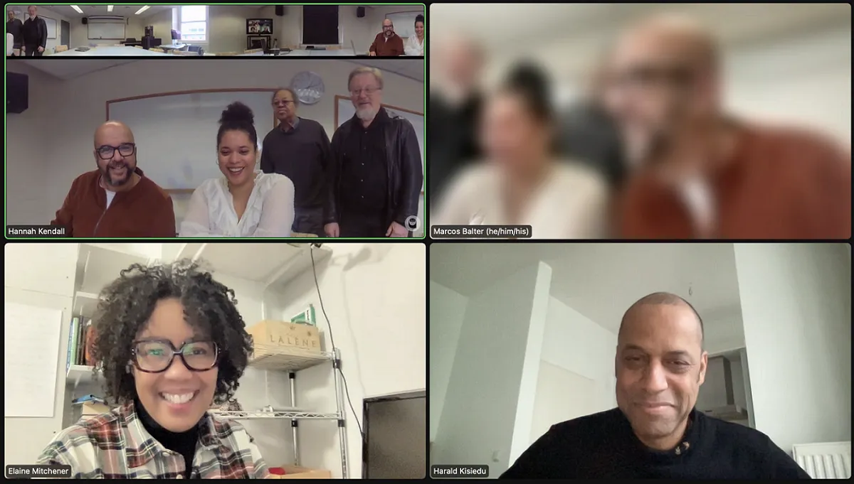 Hannah Kendall with her dissertation committee. Elaine Mitchener and Harald Kisiedu are on Zoom.