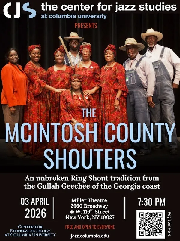 The McIntosh County Shouters standing in red dresses and blue overalls.