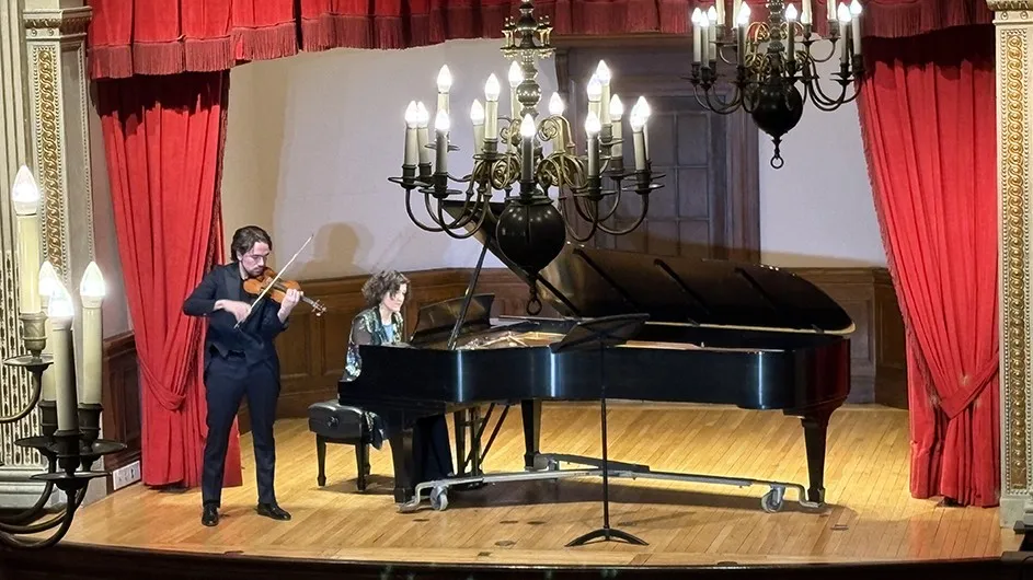 Violinist Giuseppe Gibboni and pianist Valentina Messa perform at the Italian Academy. Photo courtesy of the Italian Academy, Columbia University.