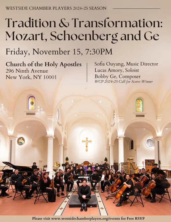 Poster for Tradition & Transfiguration: Mozart, Schoenberg and Ge. It displays the information included in this website above a photo of a large orchestra smiling at the camera