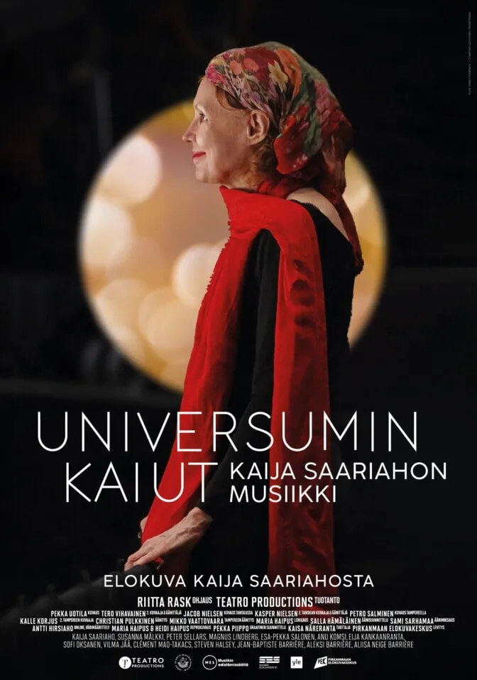 A poster for Echoes of the Universe. A person wears a red scar on a black background.