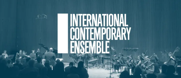 Blue-scale photo of an orchestra, with "International Contemporary Ensemble" in white sans serif font in front of it.